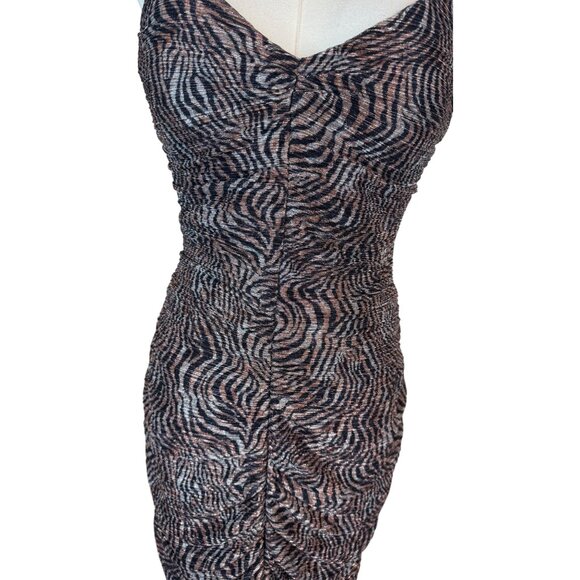 NWT JUMP Apparel Brown Zebra Small Print Ruched Bodycon Mini Dress Thin Straps - Picture 8 of 14